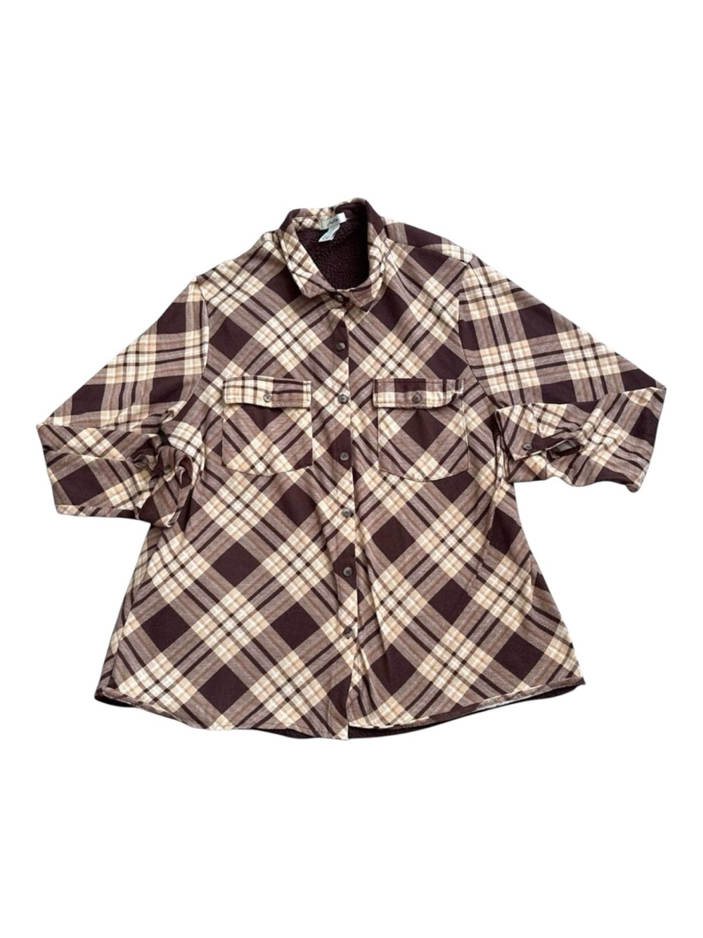 Love Potion Shacket Womens Plus 2X Brown Plaid Sherpa Lined Button Front Shirt